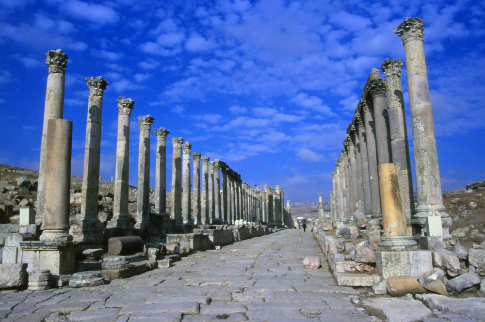 A street in the Roman city of Jerash. You can still see ruts carved into the stone paving by chariot wheels almost 2000 years ago