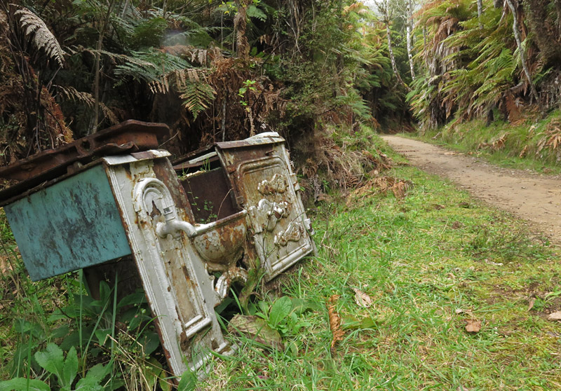 A relic from a vanished logging town lies abandoned beside the trail