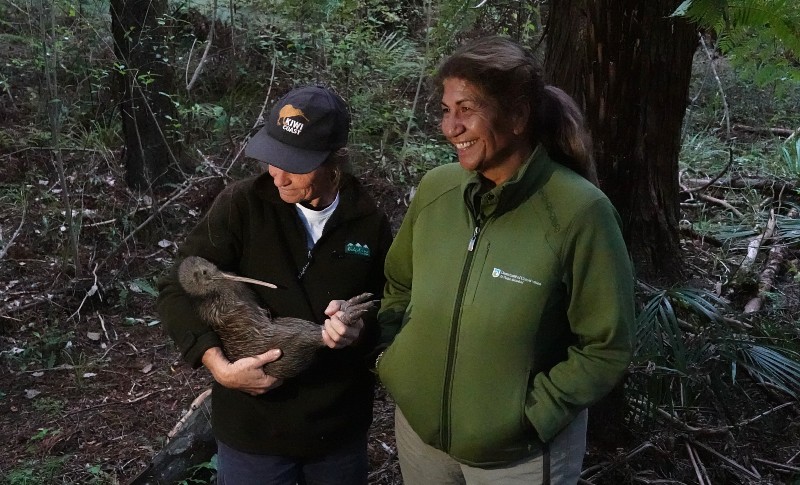 Kiwi Coast Far North coordinator Lesley Baigent, DOC Bay of Islands manager Bronwyn Bauer-Hunt and a kiwi about to be released into its new home. 